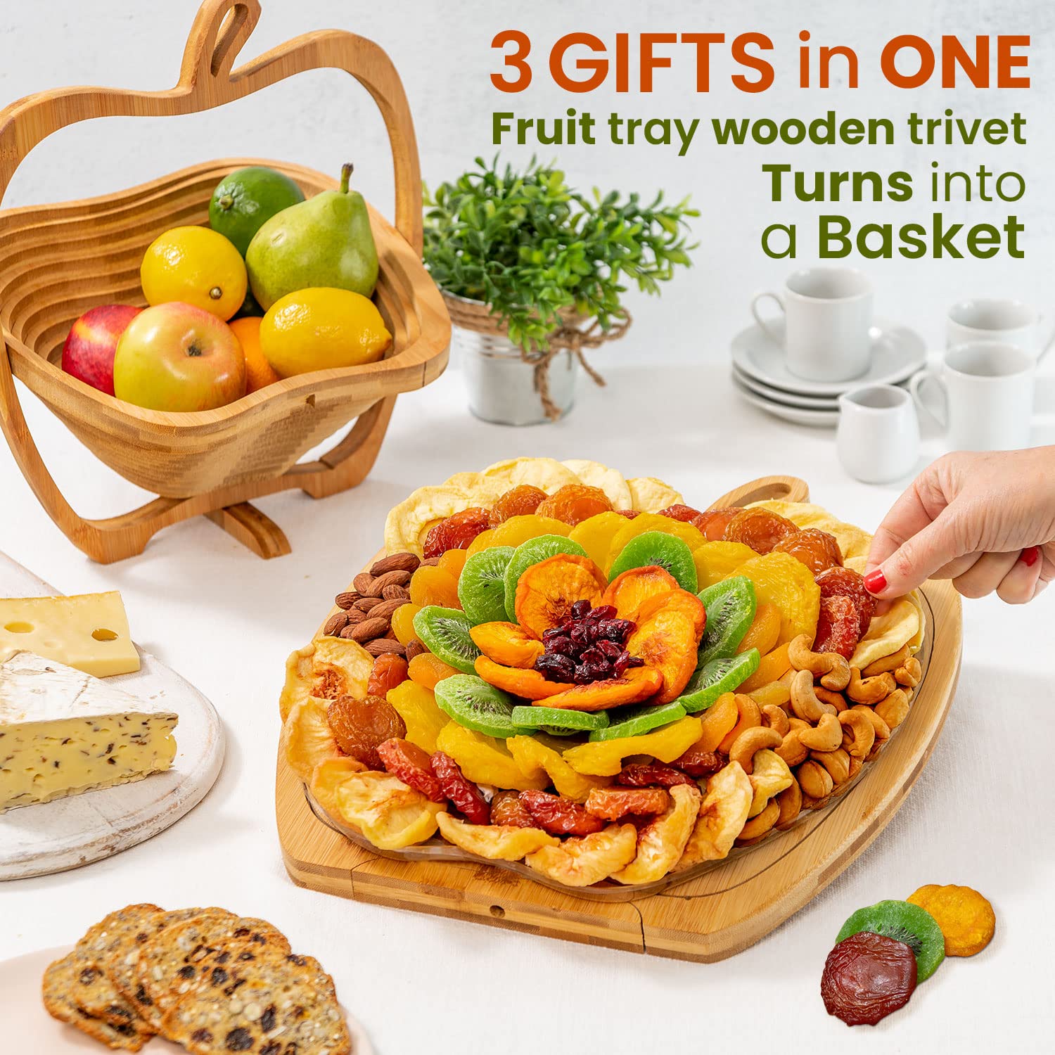 Wood Fruit Basket Cutting Board Tray Trivet Bonnie & Pop 4 in 1 Expandable  Apple